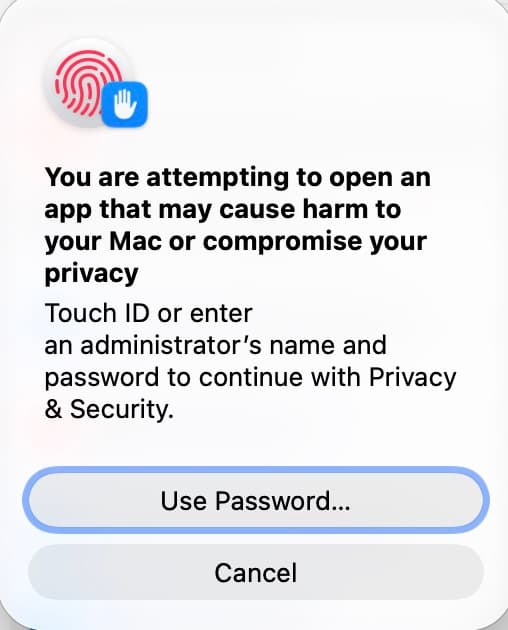 macOS administrator confirmation dialog for opening BeepBar