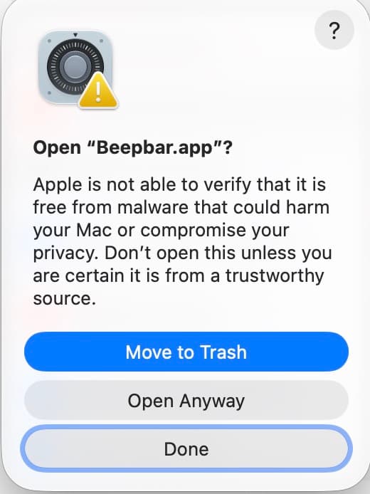 macOS dialog with the Open Anyway option for BeepBar