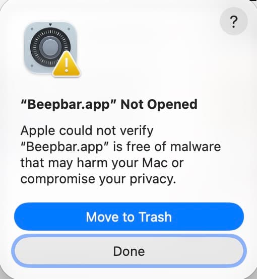 macOS warning that BeepBar could not be opened