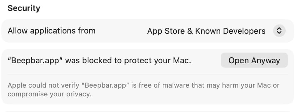 macOS Privacy and Security settings with Open Anyway for BeepBar