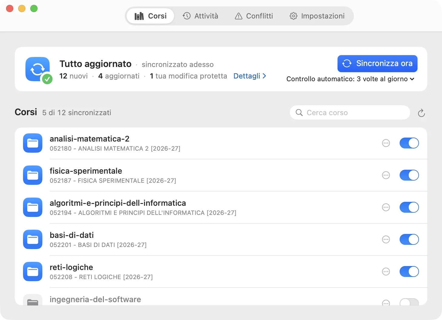 The BeepBar window on the Courses tab, showing the sync status and the list of courses selected for syncing.